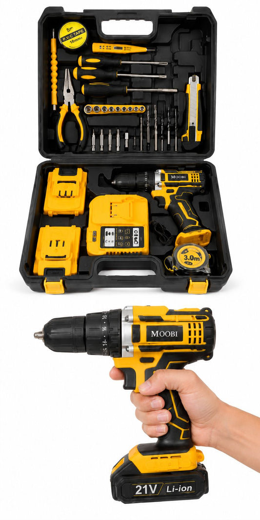 Set completo de taladro MOOBI 21V con maletín y accesorios